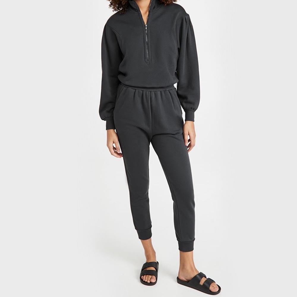frame  the easy pima cotton terry jumpsuit in faded noir, size large